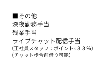 その他 深夜勤務手当 残業手当 ライブチャット配信手当 正社員スタッフ ポイント ３３ チャット歩合前借り可能